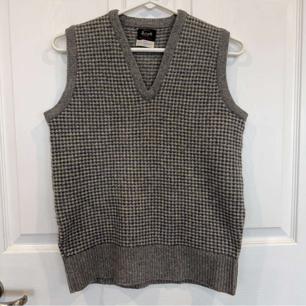 Harrods vintage sweater vest V neck houndstooth lambswool soft thick knit
